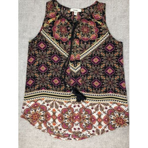 Meraki Scarf Patterned Black/White/Pink W/Tassel Tank Top Blouse, Size S…